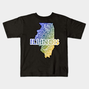 Colorful mandala art map of Illinois with text in blue and yellow Kids T-Shirt